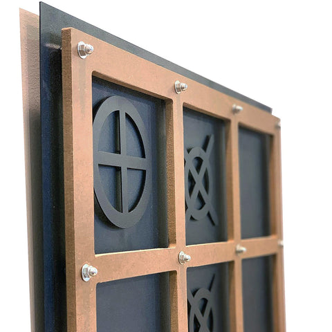 Copper-framed tic tac toe wall art panel with black cutout symbols in a grid design for modern decor
