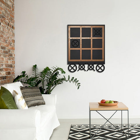 Black and copper metal tic tac toe wall art with xs and os arranged in a grid called xox board three in a row