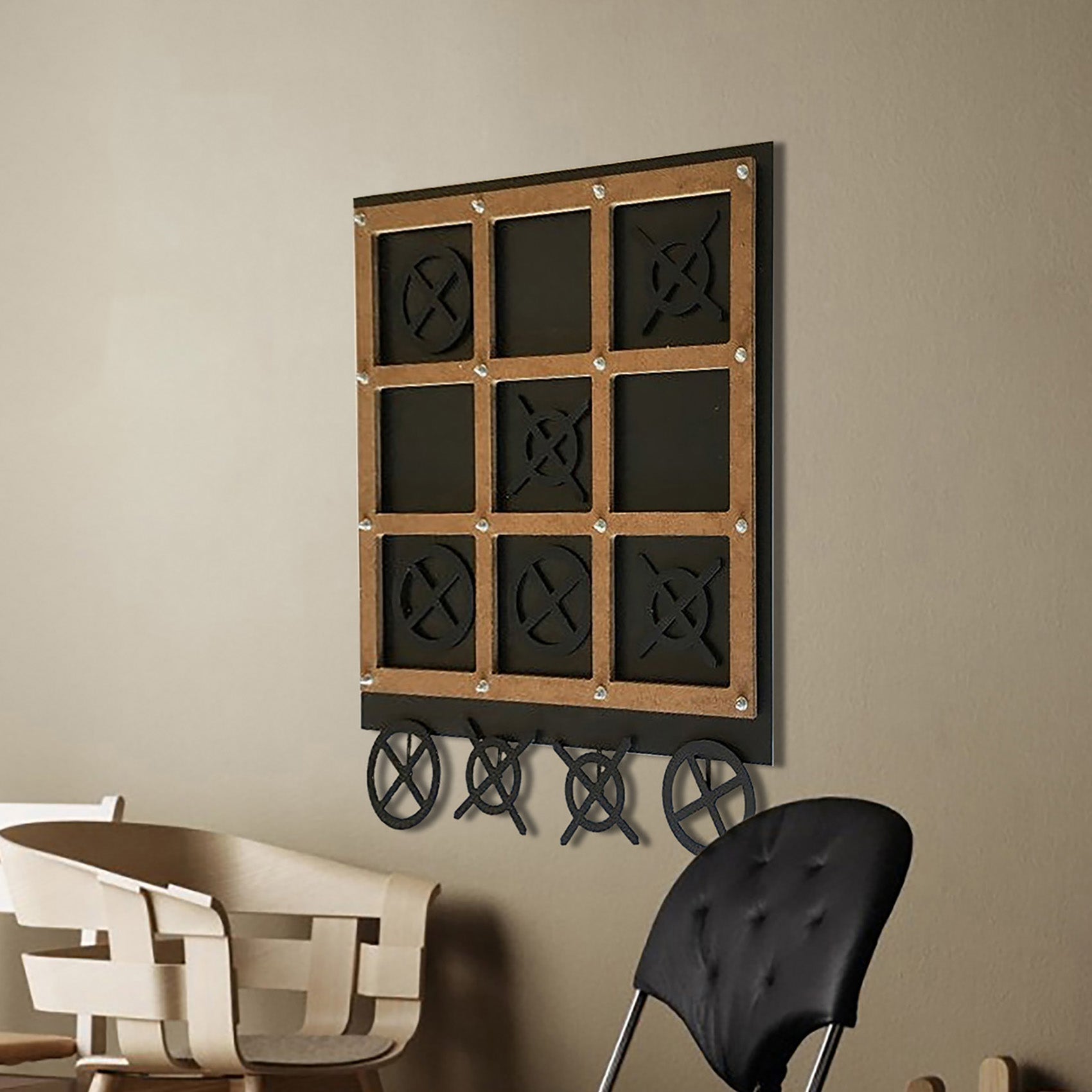 Rustic metal tic tac toe wall art with a brown wooden frame and black cut out game pieces for three in a row fun