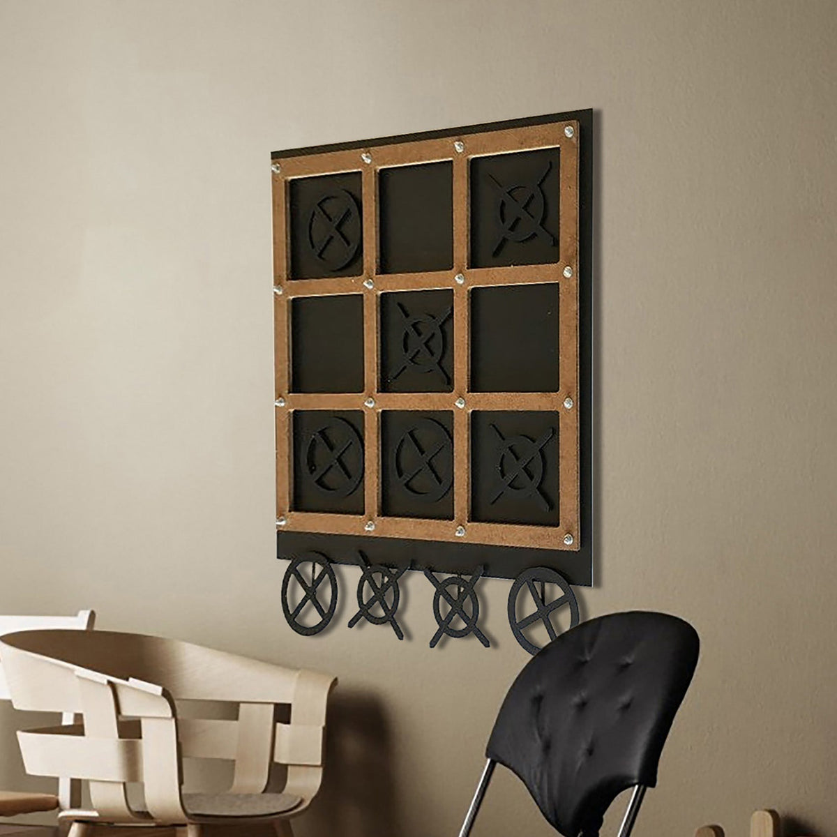 Rustic metal tic tac toe wall art with a brown wooden frame and black cut out game pieces for three in a row fun