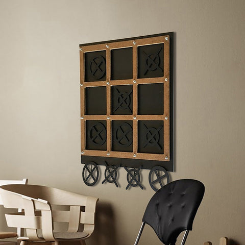 Rustic metal tic tac toe wall art with a brown wooden frame and black cut out game pieces for three in a row fun