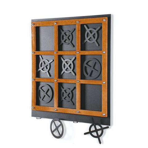 Wooden-framed xox board tic tac toe wall game with black metal grid and x o pieces for three in a row fun