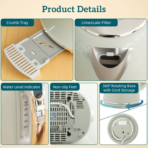HOMCOM Polished Retro 40-100°C Kettle and Toaster Set - Grey