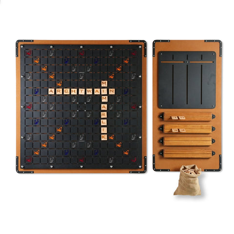 Xxl black words game wall-mounted wooden word game with black surface and orange frame to boost vocabulary skills
