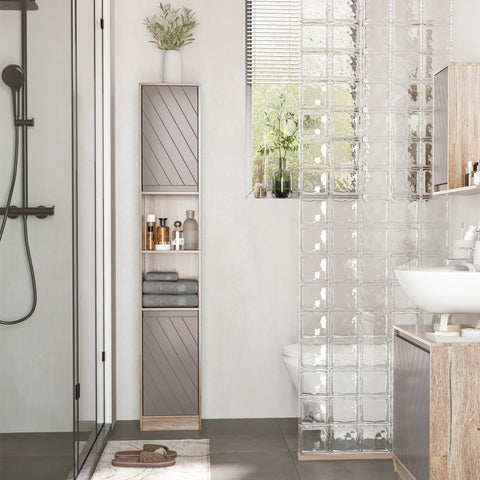 HOMCOM Freestanding Bathroom Storage Cabinet w/ 2 Cupboards 2 Compartments Home Organisation Anti-Tipping Elevated Base 30L x 24W x 170H cm Grey&Brown