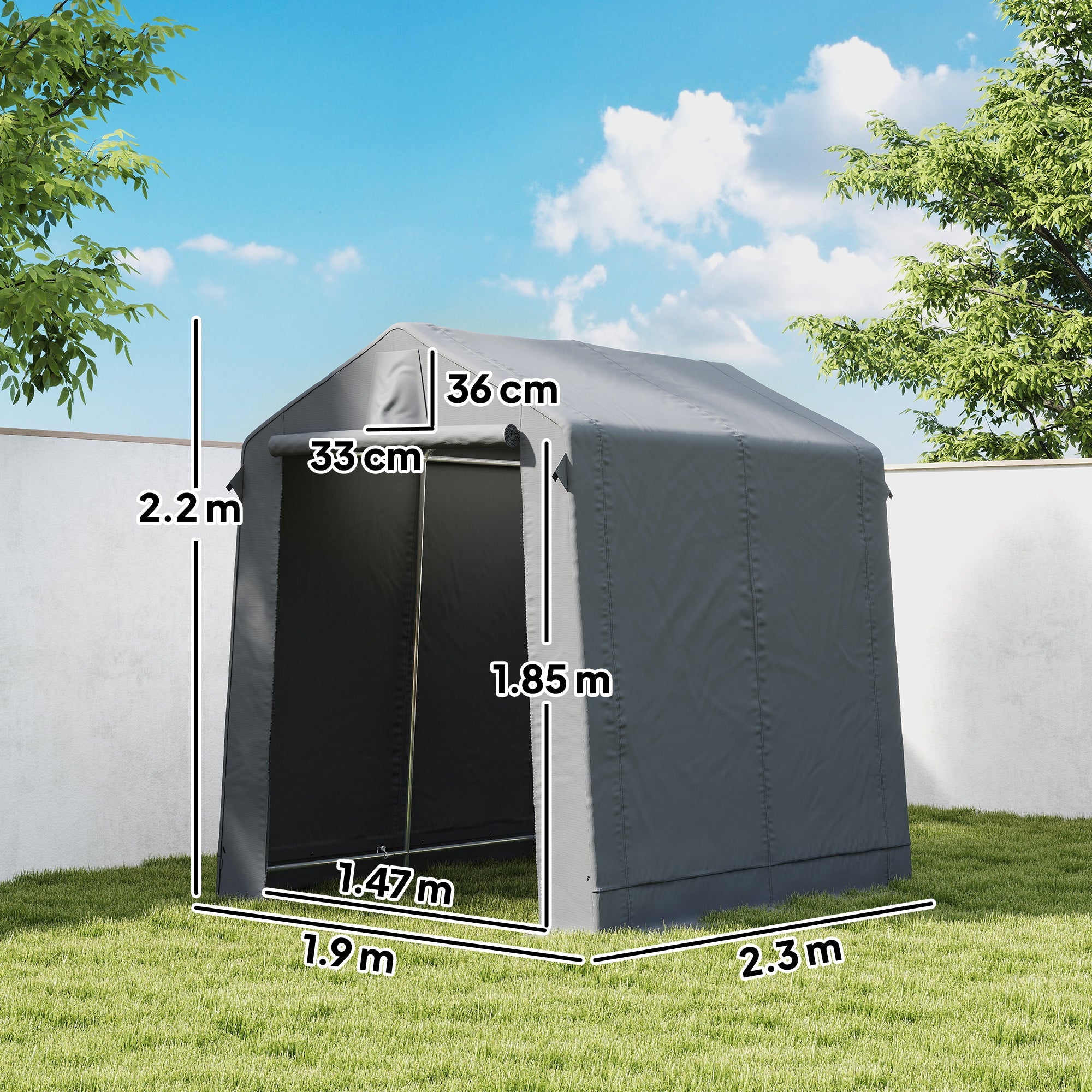 Outsunny 7.5 x 6.2 ft Outdoor Garden Storage Shed, Waterproof Bike Tent with Roll-Up Zipper Door and Vent, Dark Grey