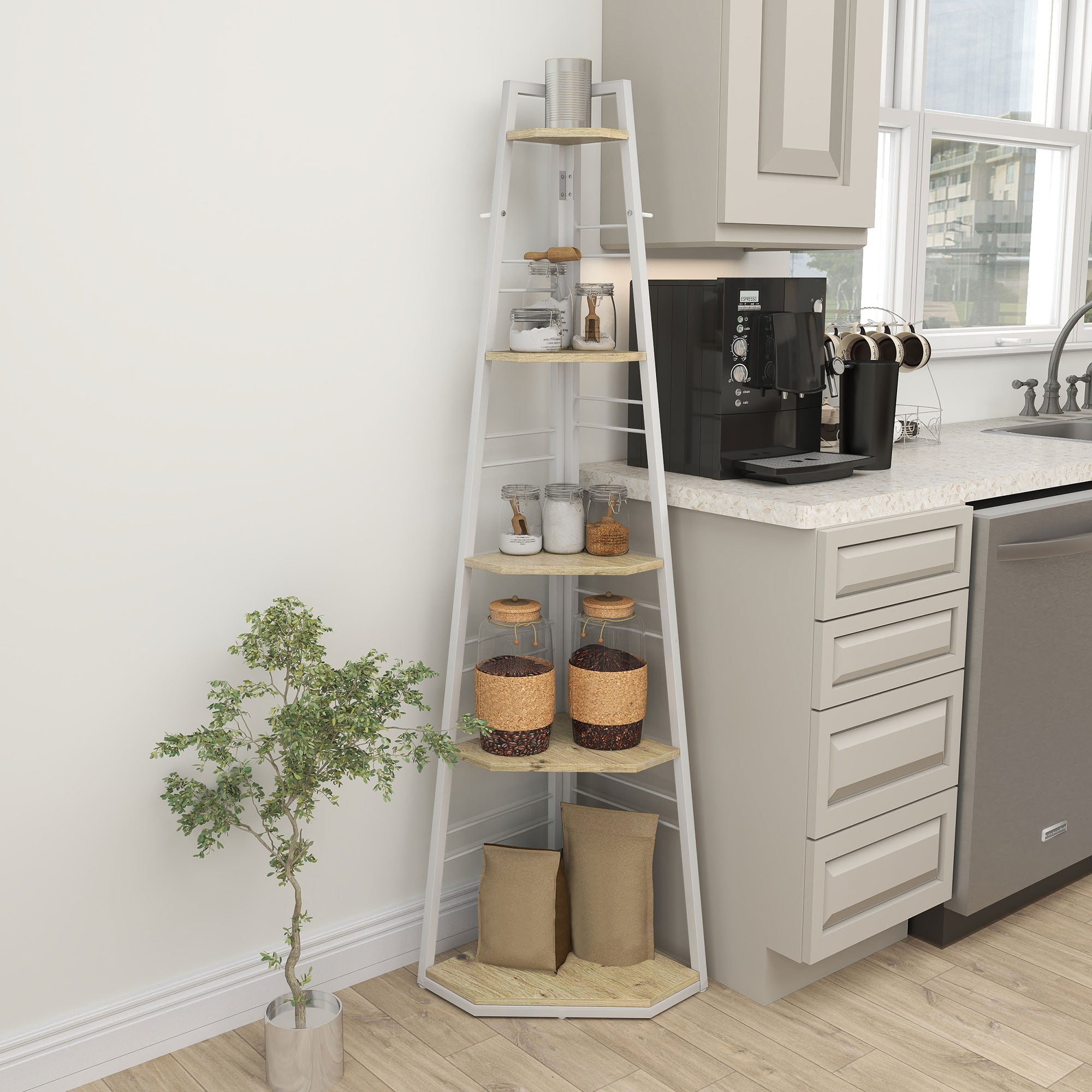 HOMCOM Five-Tier Corner Shelf - White/Wood-Effect