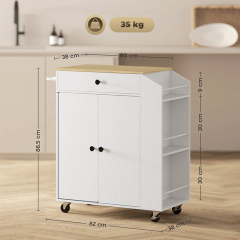 HOMCOM Rolling Kitchen Island with 3-Tier Spice Rack, Kitchen Storage Cart with Drawer and Towel Rack, White