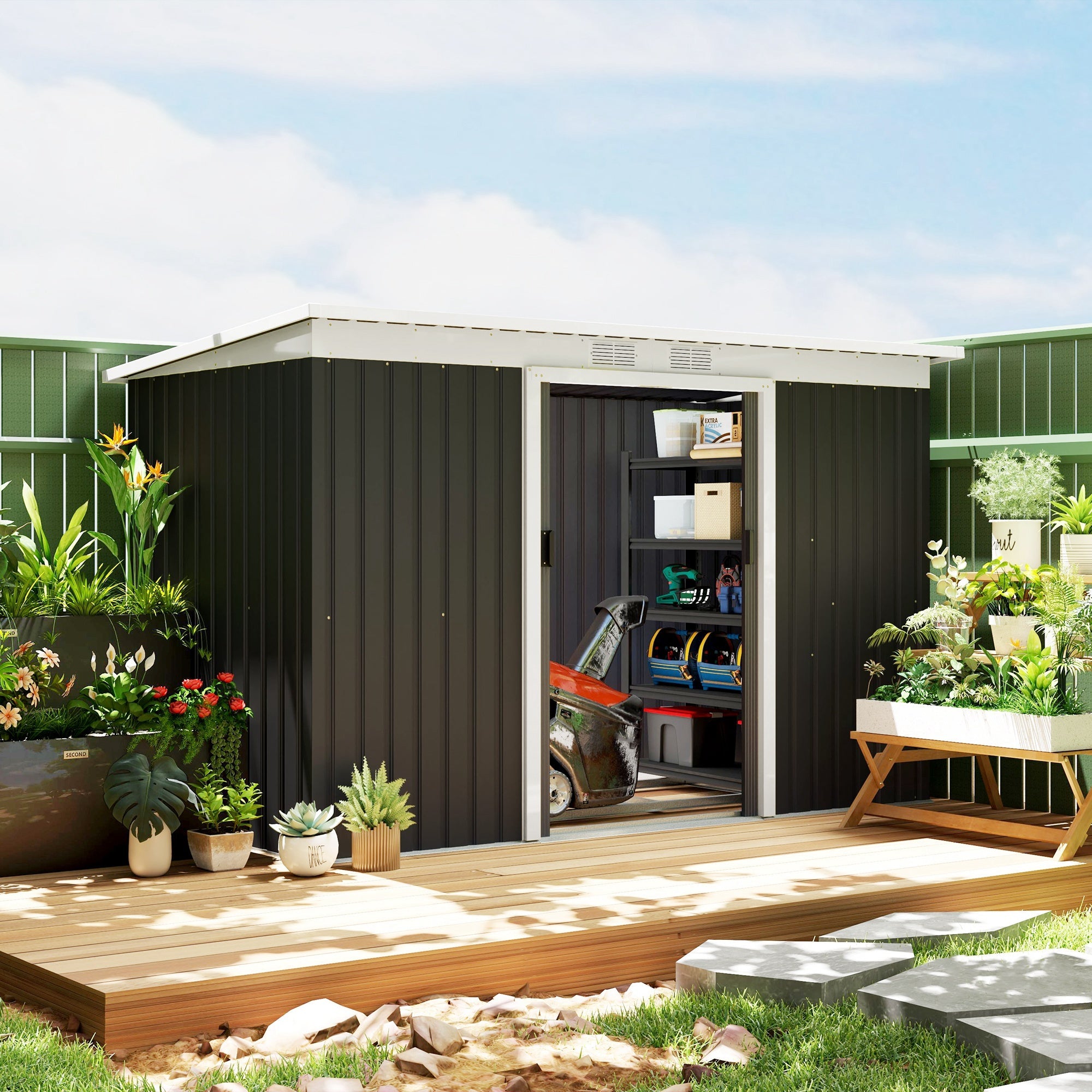 Outsunny 9ft x 4ft Metal Garden Shed, Outdoor Tool House with Foundation Kit, Ventilations and Double Doors, Dark Grey