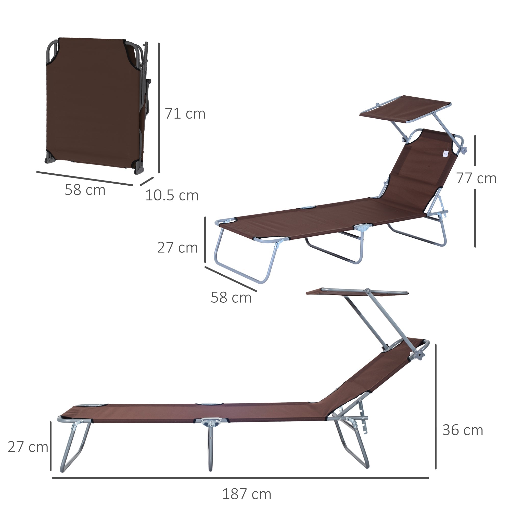 Outsunny Outdoor Foldable Sun Lounger, 4 Level Adjustable Backrest  Reclining Sun Lounger Chair with Angle Adjust Sun Shade Awning for Beach, Garden, Patio, Brown