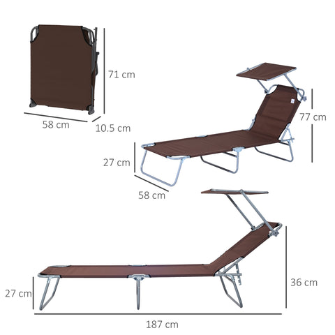 Outsunny Outdoor Foldable Sun Lounger, 4 Level Adjustable Backrest  Reclining Sun Lounger Chair with Angle Adjust Sun Shade Awning for Beach, Garden, Patio, Brown
