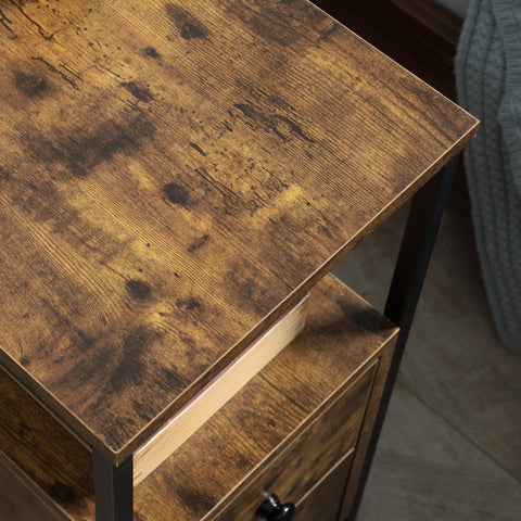 HOMCOM Side Table, Narrow Bedside Table with 2 Drawers and Storage Shelf, Industrial End Table with Metal Frame for Small Spaces, Rustic Brown