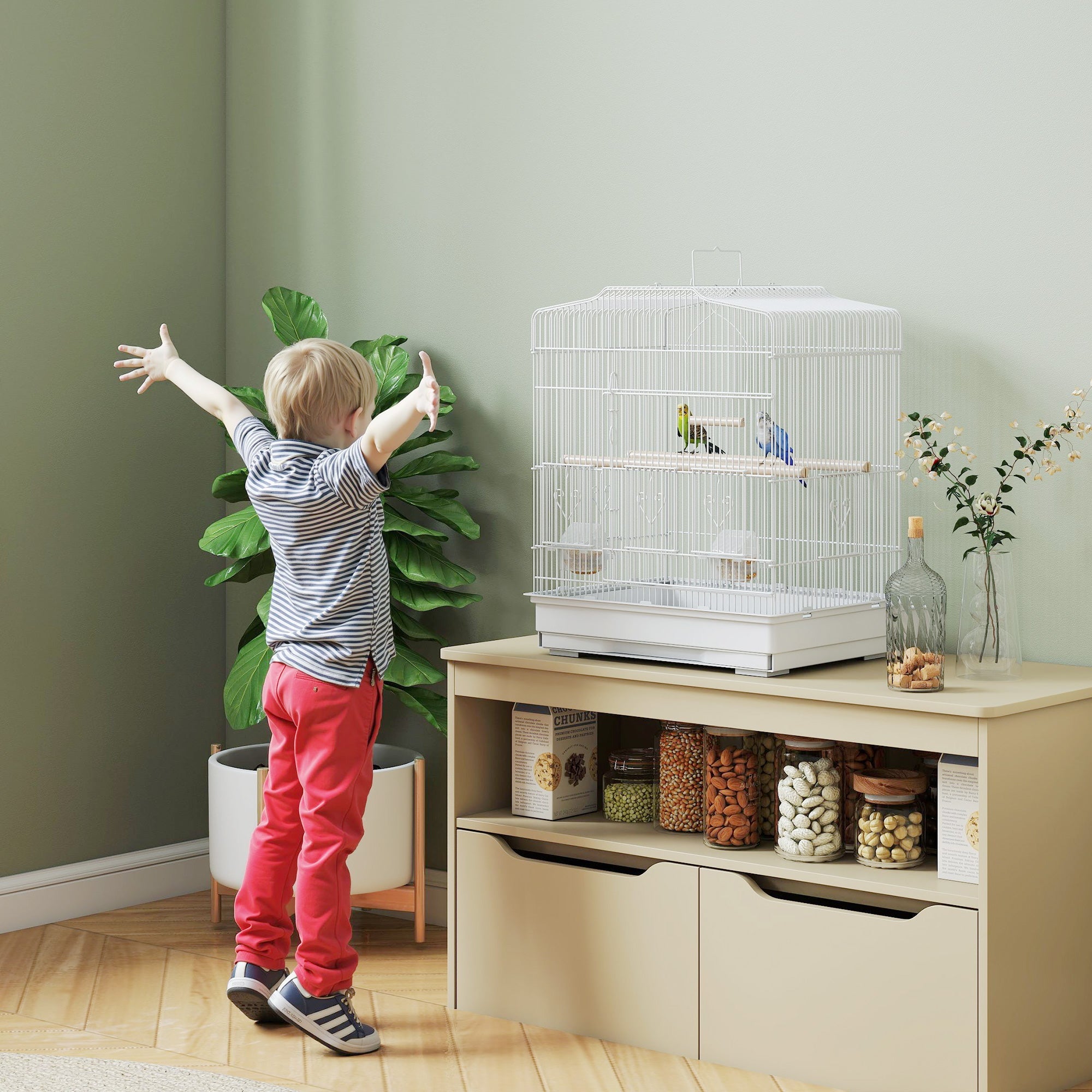 PawHut Large Metal Bird Cage with Perches, Food Bowls, Swing, for Budgies, Parakeets, White