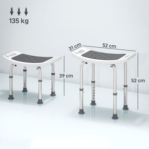 HOMCOM 6-Level Height Adjustable Aluminium Bath Room Stool Chair Shower Non-Slip Design w/ Padded Seat Drainage Holes Foot Pad, Grey