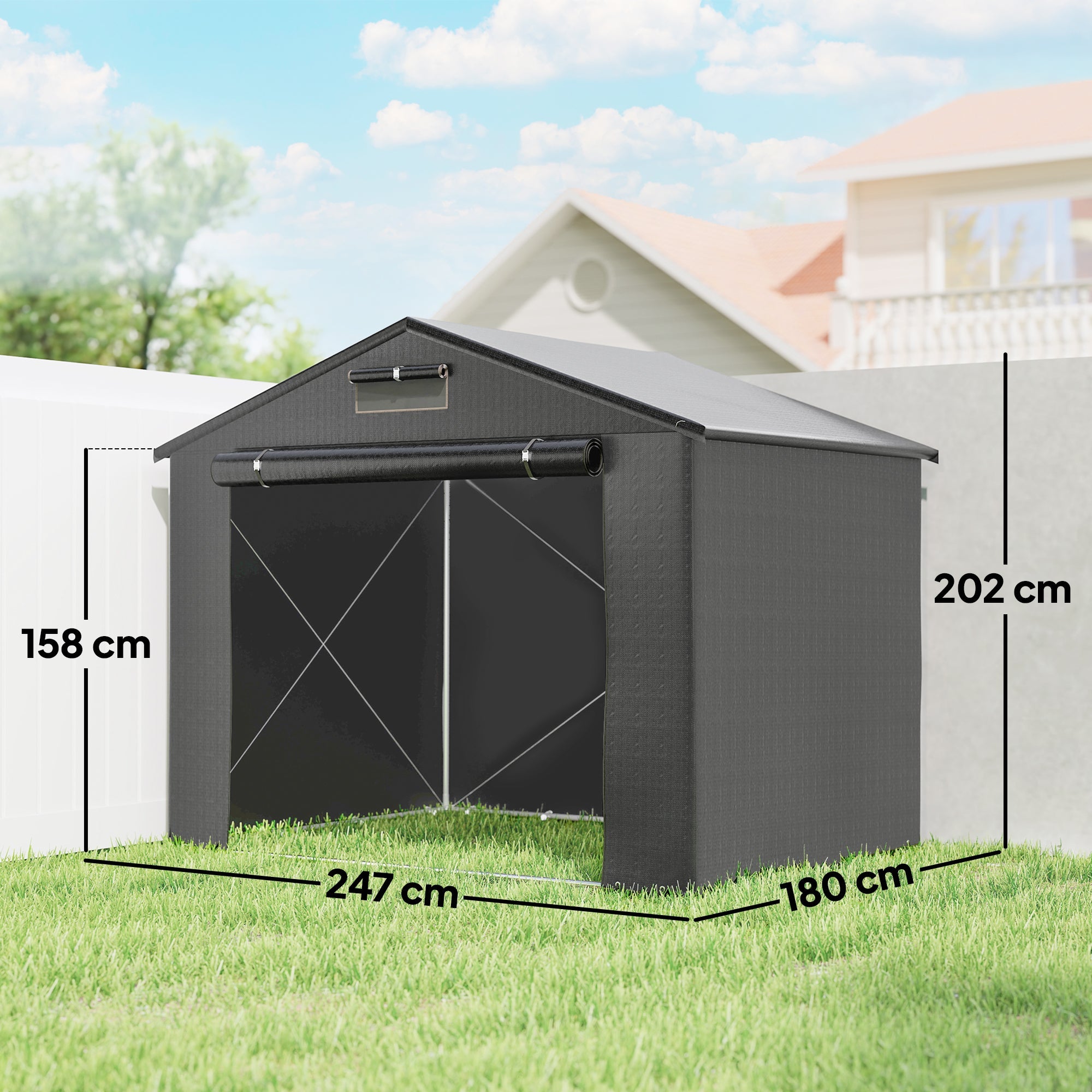 Outsunny 8 x 6 ft Outdoor Garden Storage Shed, Waterproof Bike Tent with Roll-Up Zipper Door, Dark Grey