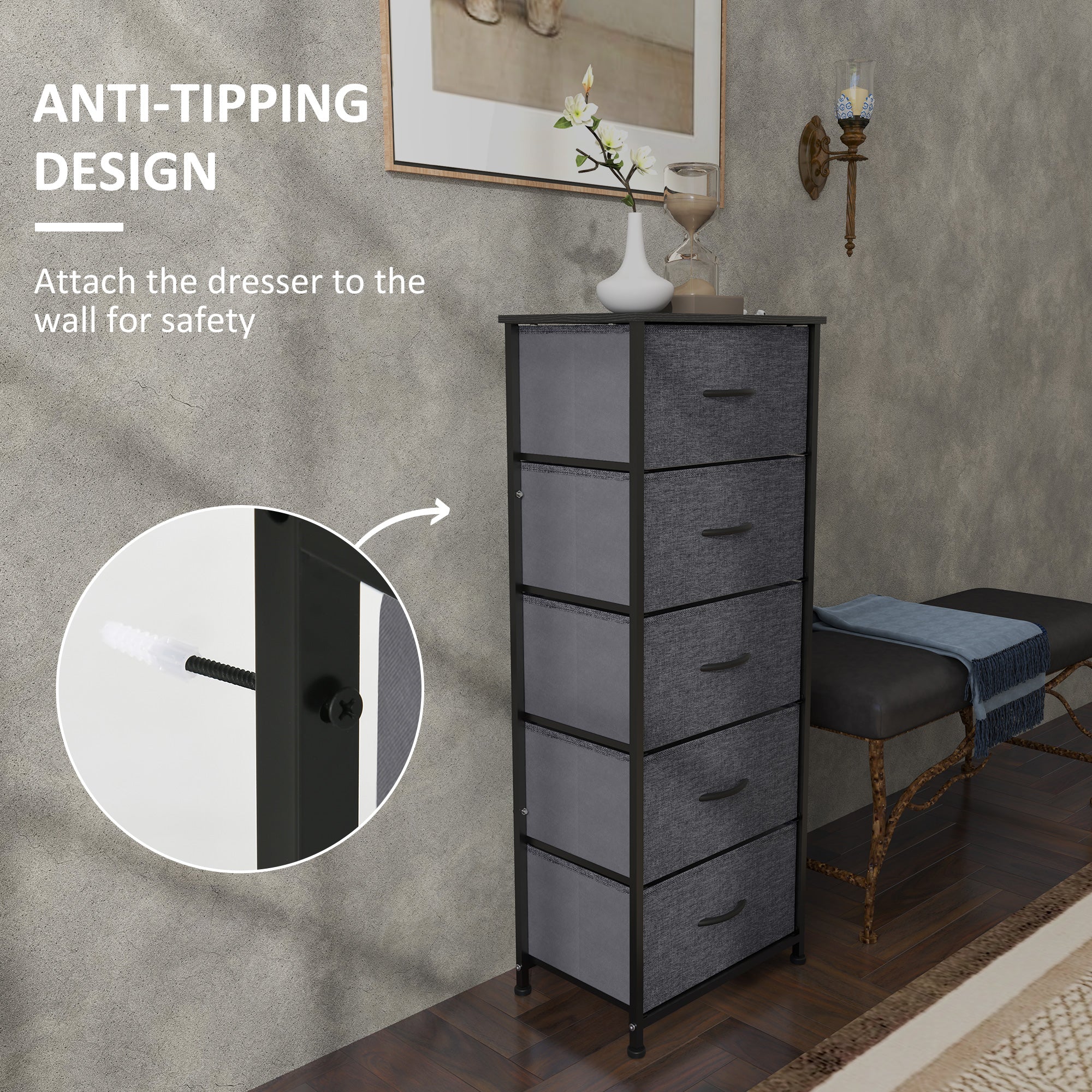 HOMCOM Fabric Chest of Drawers, Storage Drawers, Industrial Bedroom Dresser with 5 Fabric Drawers, Steel Frame and Wooden Top for Nursery, Living Room, Hallway, Dark Grey
