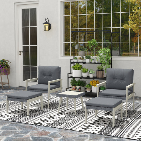 Outsunny 5 Pieces Rattan Garden Furniture Set, Patio Conversation Set with Cushions, Acacia Wood Top Coffee Table and Footstools, Outdoor Table and Chairs for Balcony, Terrace and Conservatory, Grey