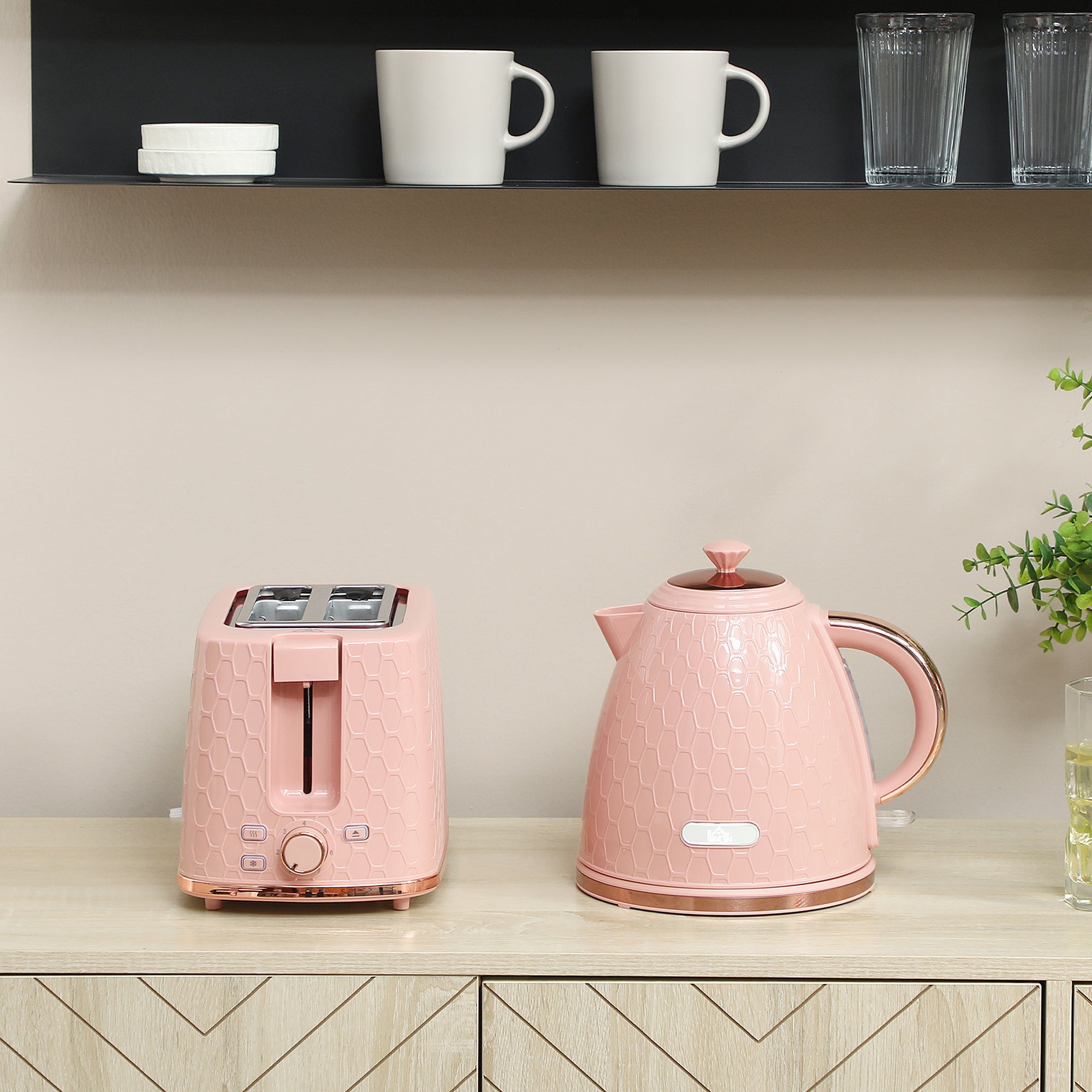 HOMCOM 1.7L 3000W Fast Boil Kettle & 2 Slice Toaster Set, Kettle and Toaster Set with Auto Shut Off, Browning Controls, Light Pink
