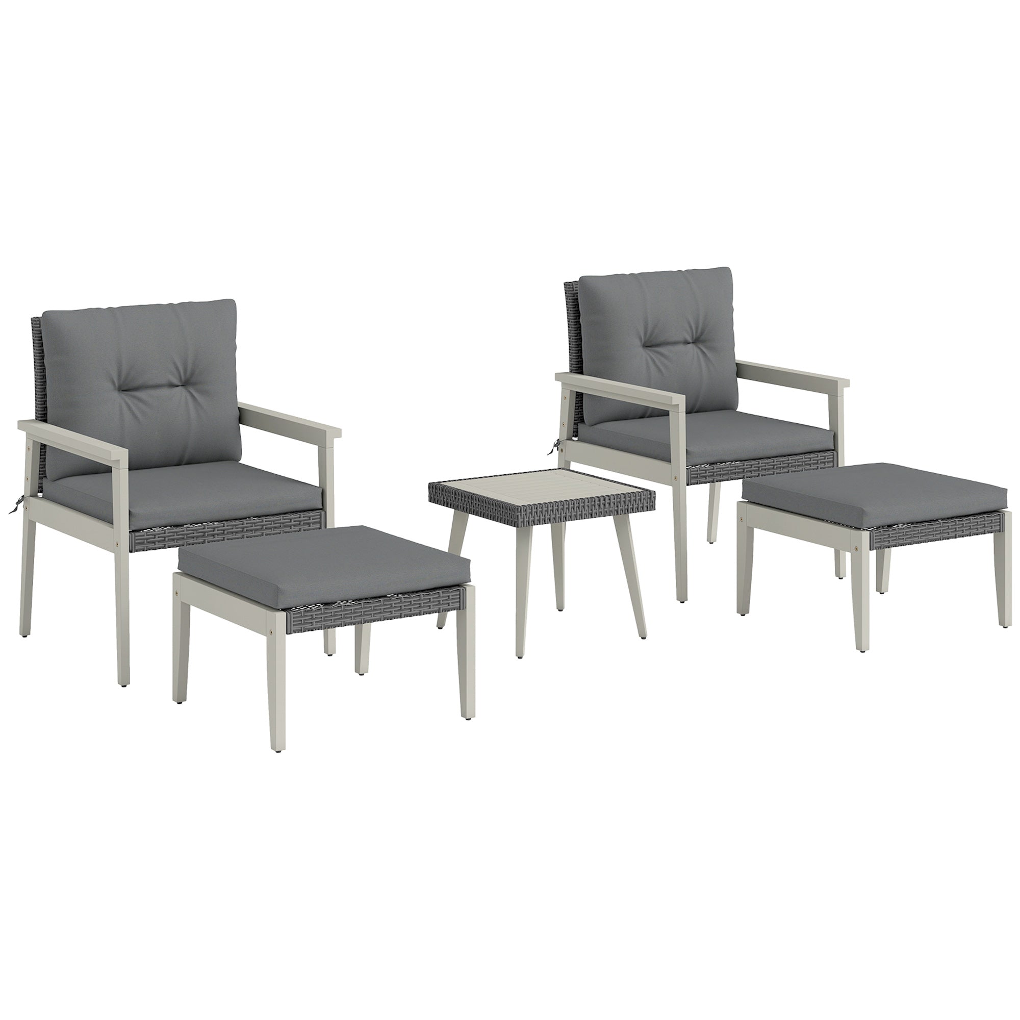 Outsunny 5 Pieces Rattan Garden Furniture Set, Patio Conversation Set with Cushions, Acacia Wood Top Coffee Table and Footstools, Outdoor Table and Chairs for Balcony, Terrace and Conservatory, Grey