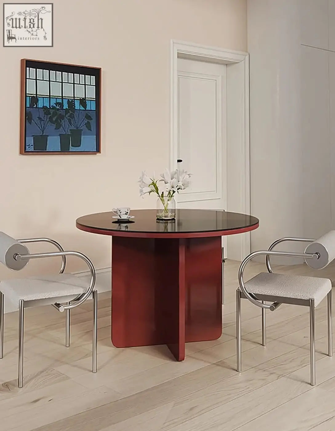 Yadav glass top dining table round accent table with glossy dark red base black glass top and chrome modern chairs