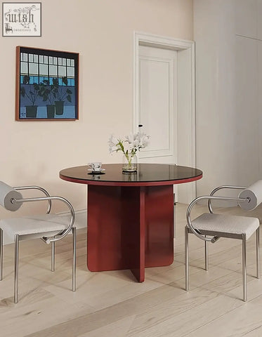 Yadav glass top dining table round accent table with glossy dark red base black glass top and chrome modern chairs