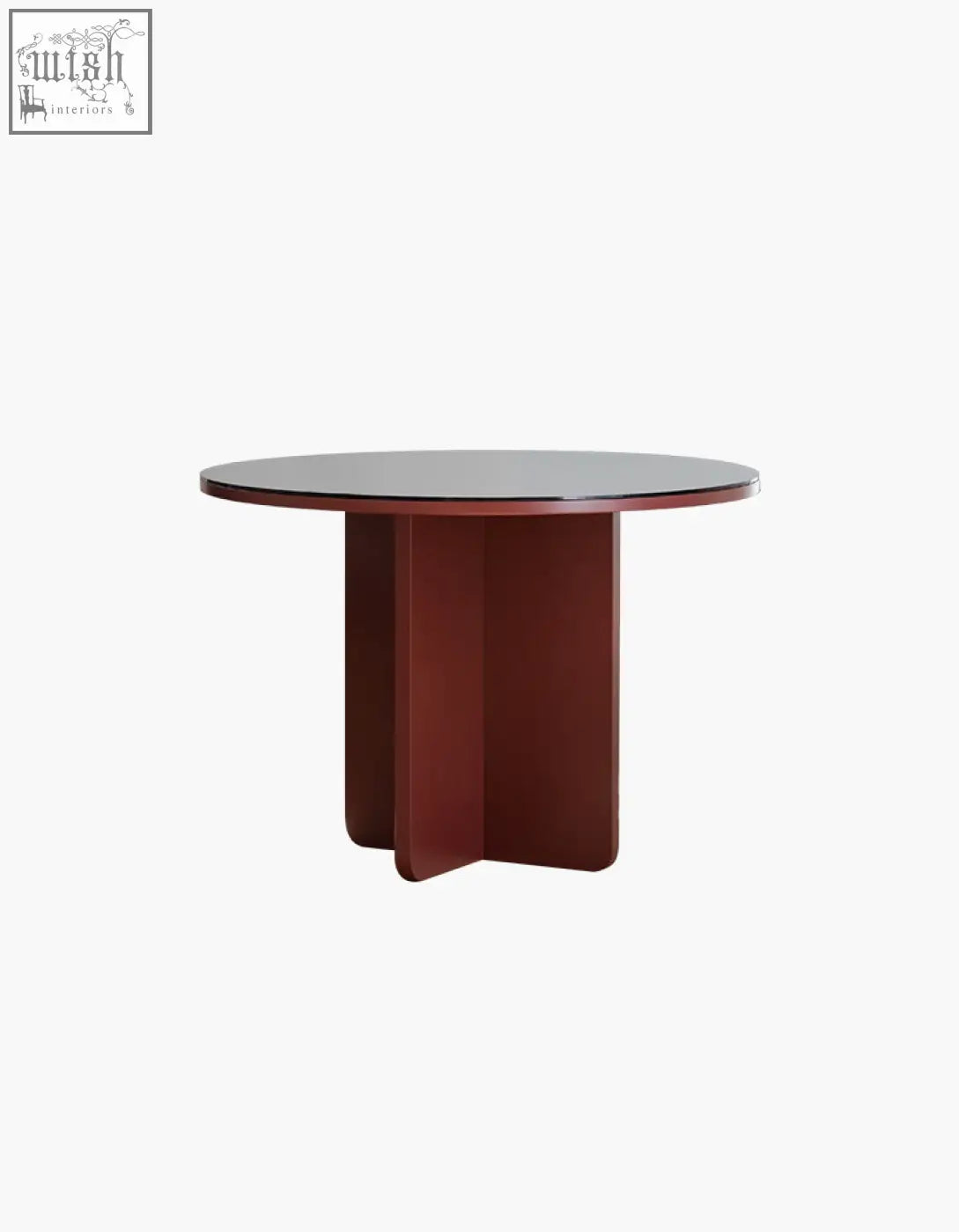 Yadav round accent table with dark glass top and mahogany wood legs perfect as a dining table or accent table