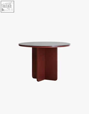 Yadav round accent table with dark glass top and mahogany wood legs perfect as a dining table or accent table