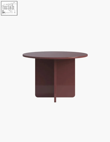 Burgundy-finished round accent table with minimalist geometric base perfect as a yadav glass top dining table