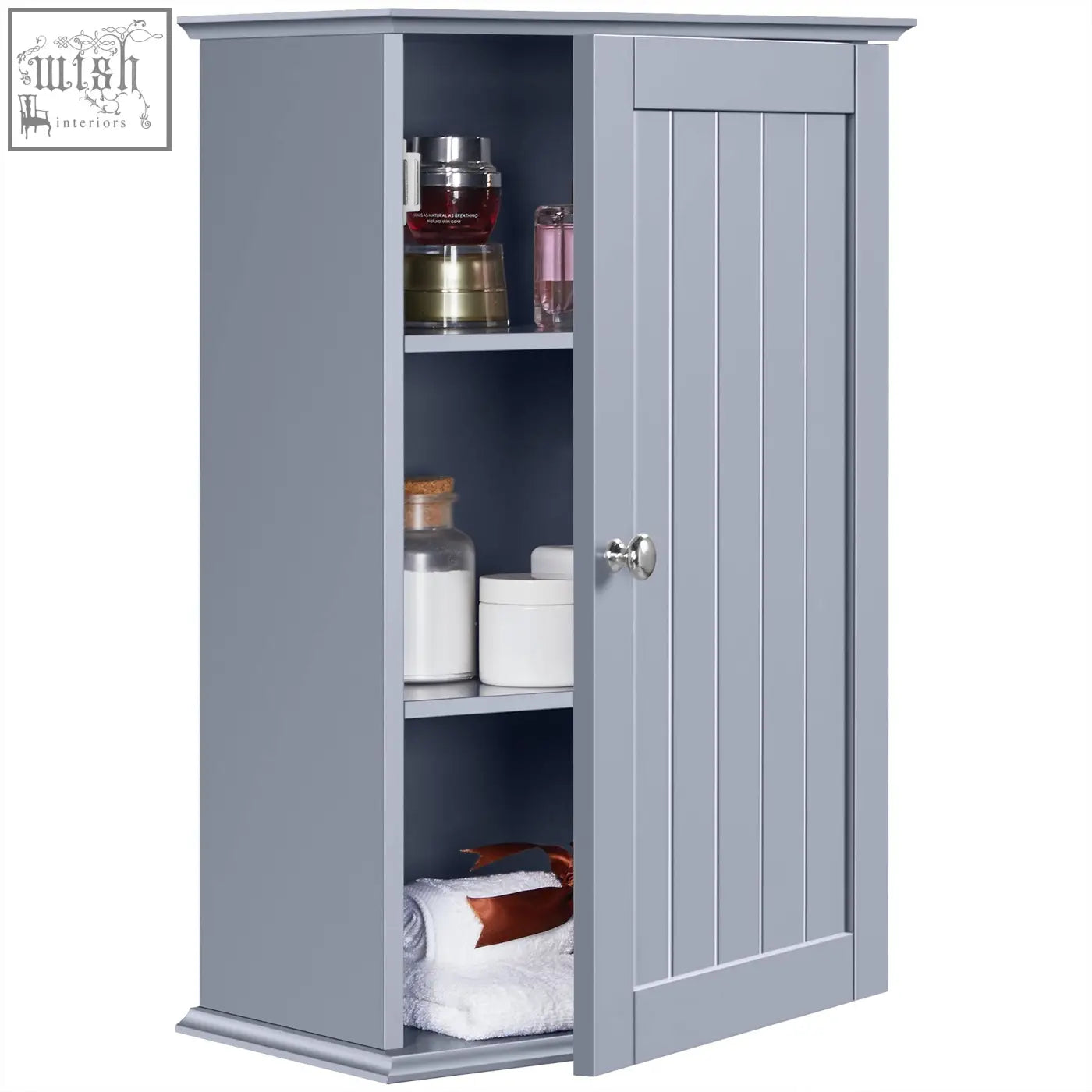 Gray wooden yaheetech bathroom cabinet single wall mounted with vertical paneling silver knob and adjustable shelves