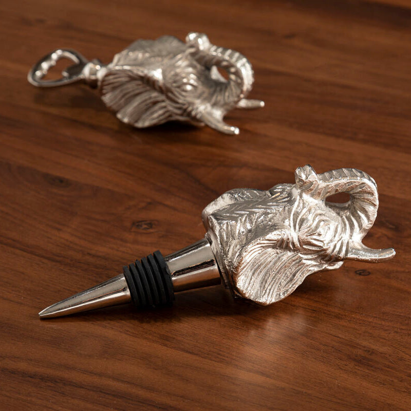 Silver yala elephant bottle stopper with black rubber seal and metallic finish shaped like an elephant