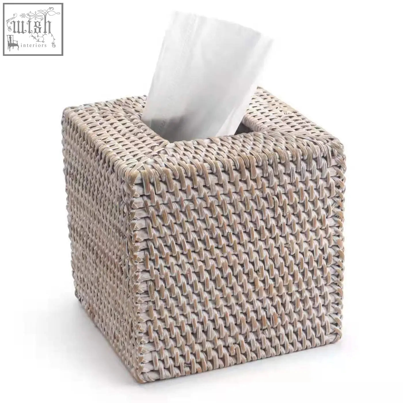 Beige woven rattan tissue box cover with a square hand woven wicker design and open top showing white tissues inside