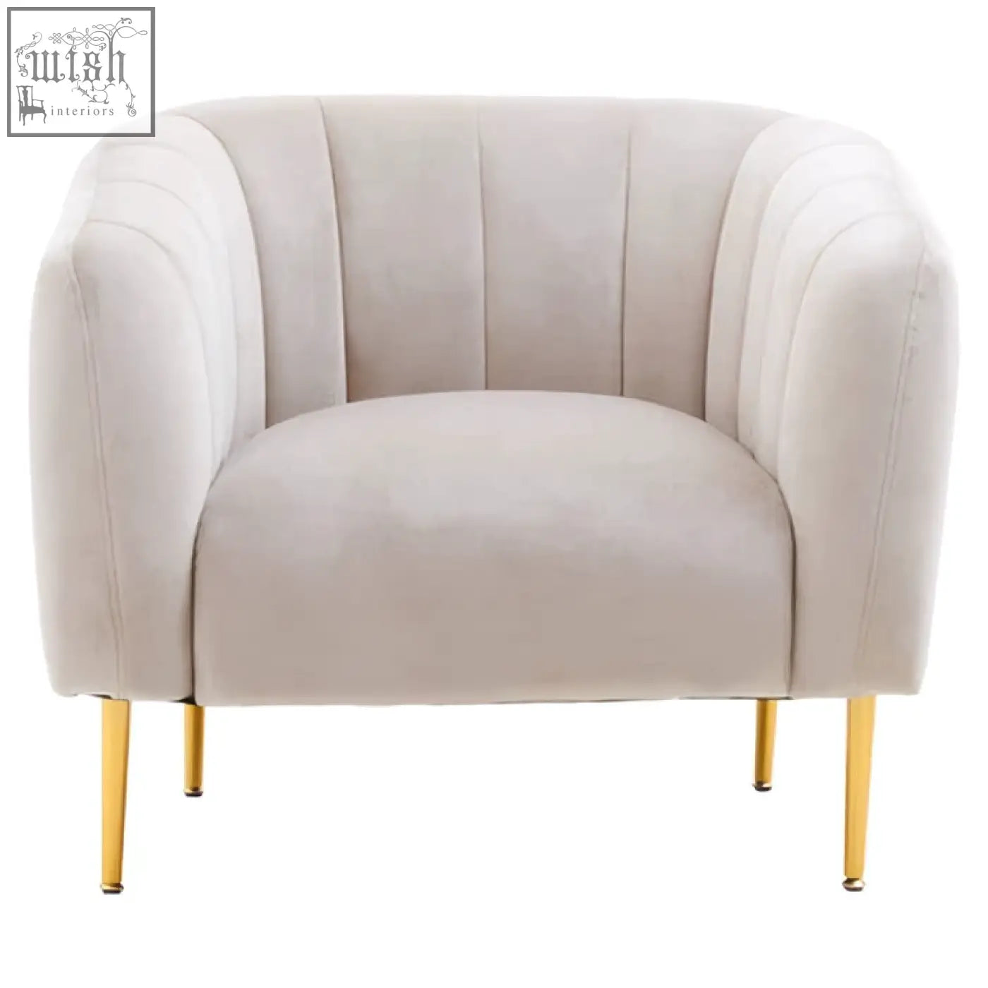 Beige velvet armchair with gold tone legs resembling a grey velvet armchair for stylish living spaces