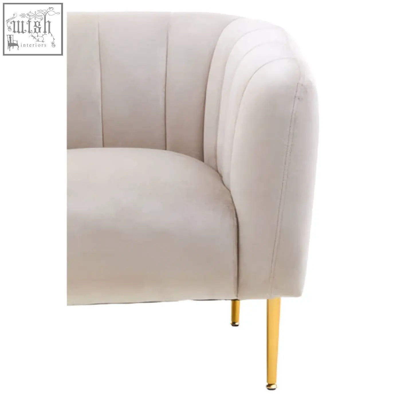 Beige tufted velvet armchair with gold-tone legs in the style of yasmeen silver grey velvet armchair