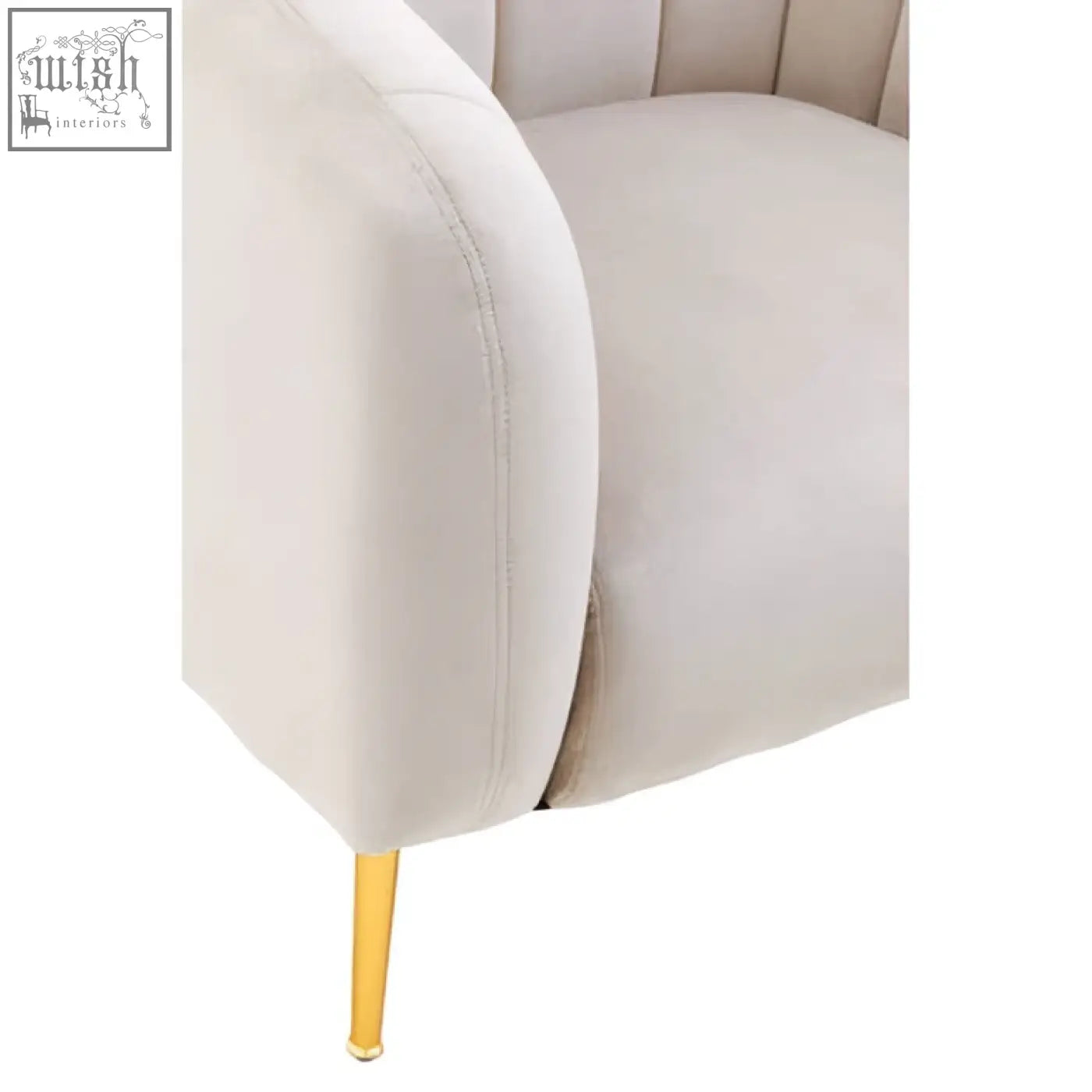 Cream-colored velvet armchair with gold-tone legs contrasting the yasmeen silver grey velvet armchair style
