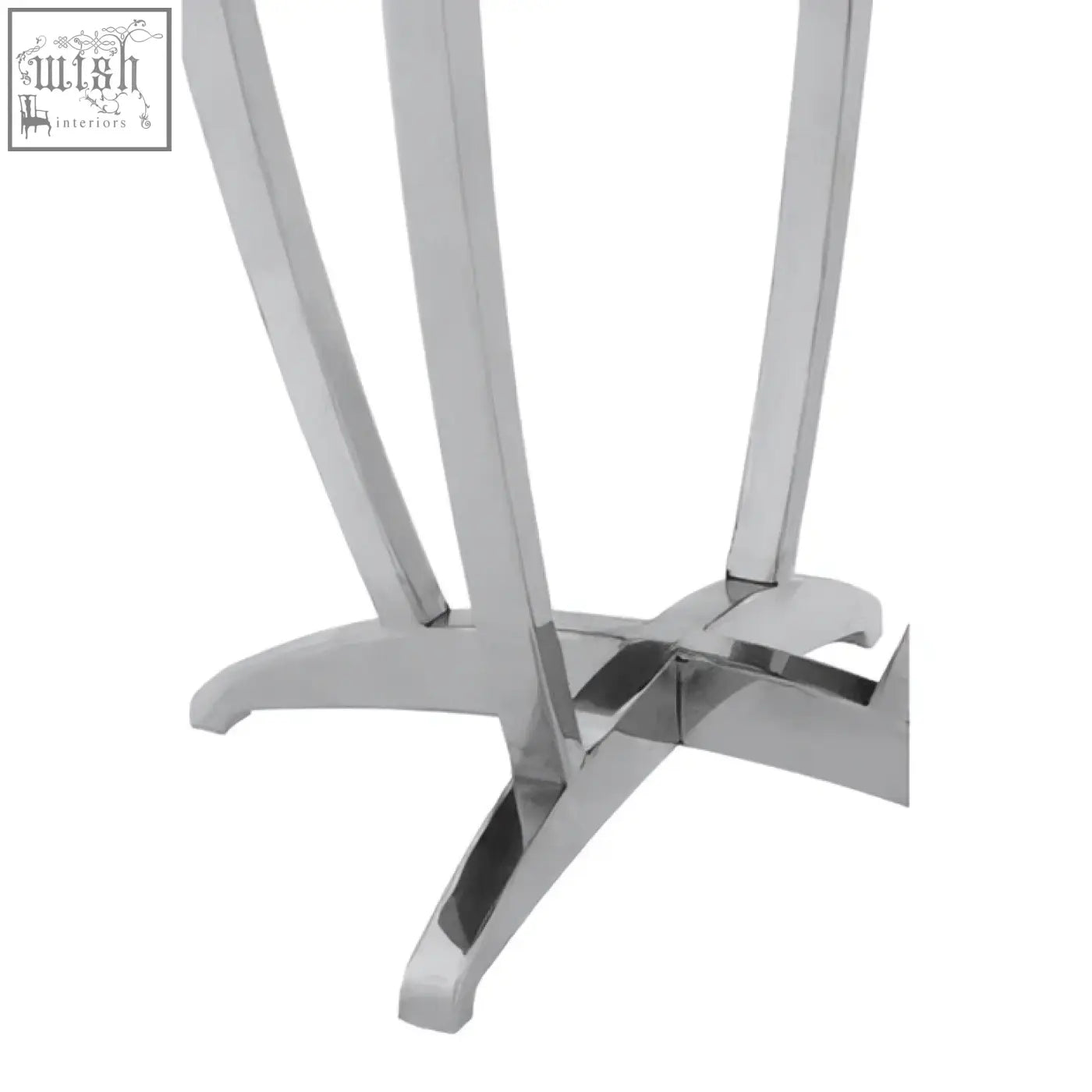 Chrome finished metal table base with sleek curved legs and star-shaped foot for yasmin black tempered glass side table