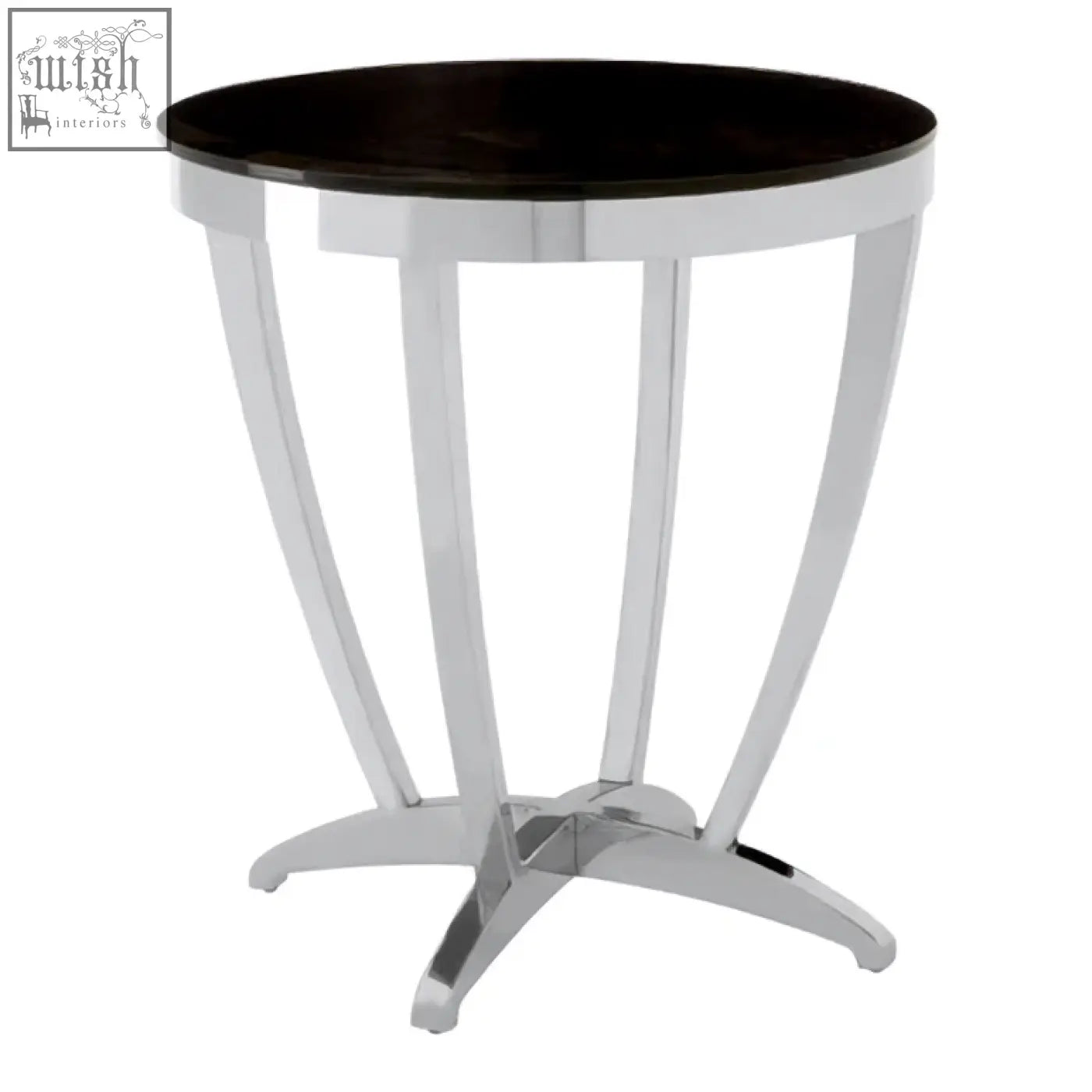 Yasmin black tempered glass side table with sleek chrome legs and star-shaped base for modern living spaces