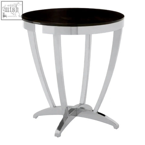 Yasmin black tempered glass side table with sleek chrome legs and star-shaped base for modern living spaces