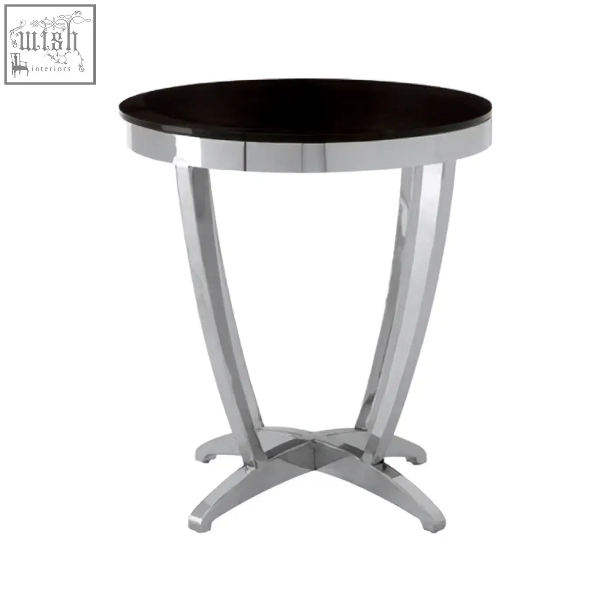 Yasmin black tempered glass side table with sleek chrome legs and a cross-shaped base for modern living spaces