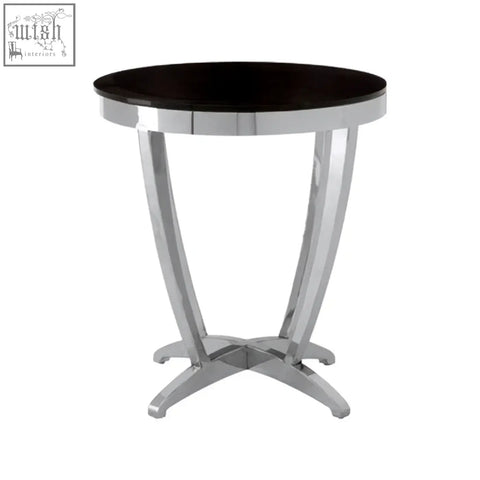 Yasmin black tempered glass side table with sleek chrome legs and a cross-shaped base for modern living spaces