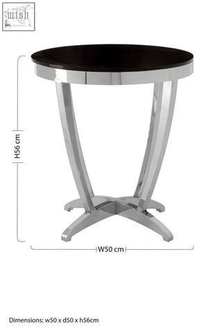 Yasmin black tempered glass side table with sleek chrome legs and modern curved design perfect for any room