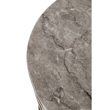 Yasmin marble side table with gray marble patterned circular tabletop and polished white marble finish