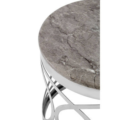 Yasmin marble side table with gray marble top and sleek polished white marble stainless steel base for modern decor