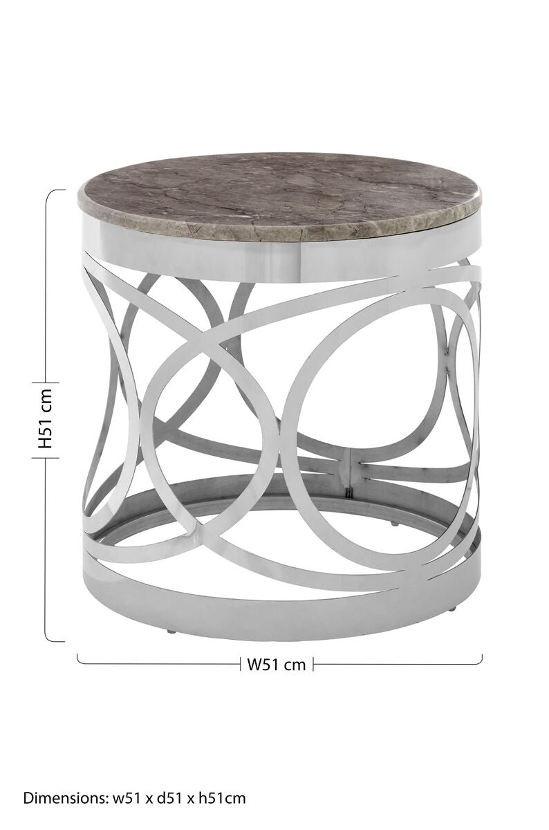 Yasmin marble side table with gray marble top and intricate stainless steel base featuring polished white marble accents