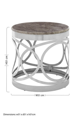 Yasmin marble side table with gray marble top and intricate stainless steel base featuring polished white marble accents