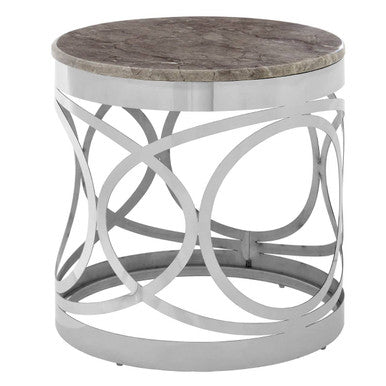 Yasmin marble side table with silver stainless steel frame and round polished white marble top in open circular design