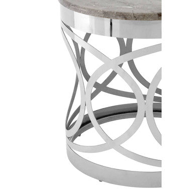 Yasmin marble side table with polished white marble top and stainless steel base featuring interlocking circles