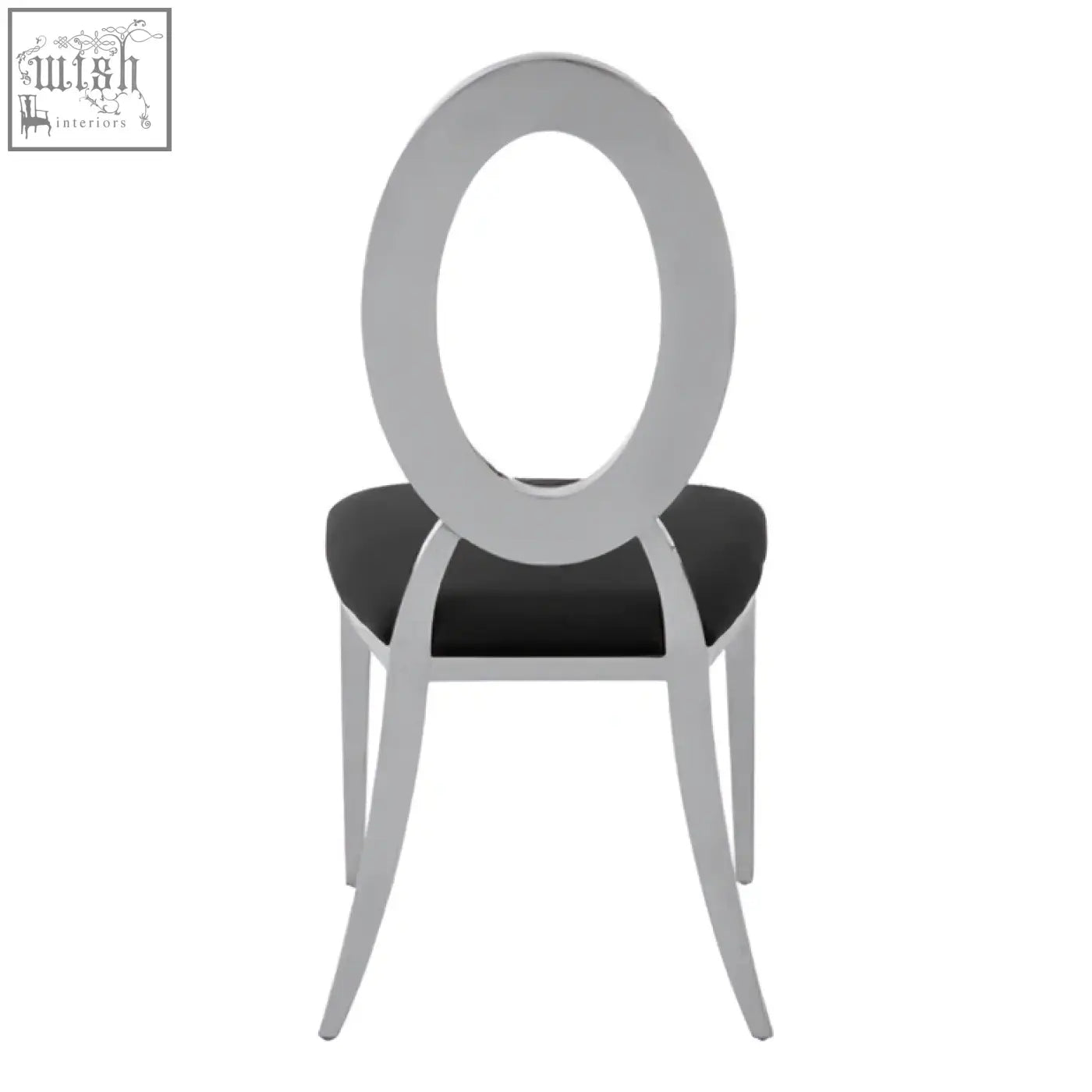 Silver oval-backed yasmin dining chair with black velvet upholstered seat perfect as a black velvet dining chair