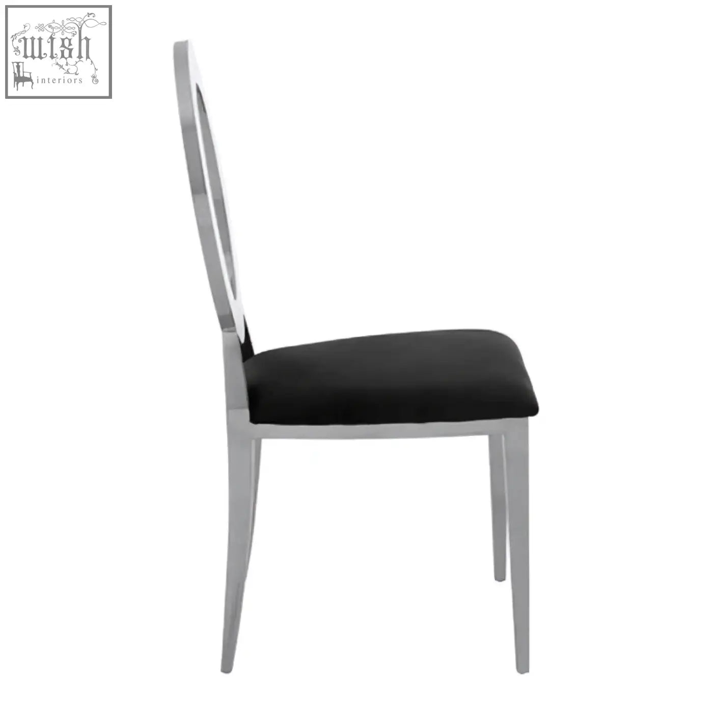Yasmin oval back black velvet dining chair with sleek chrome frame and elegant oval back design in black velvet