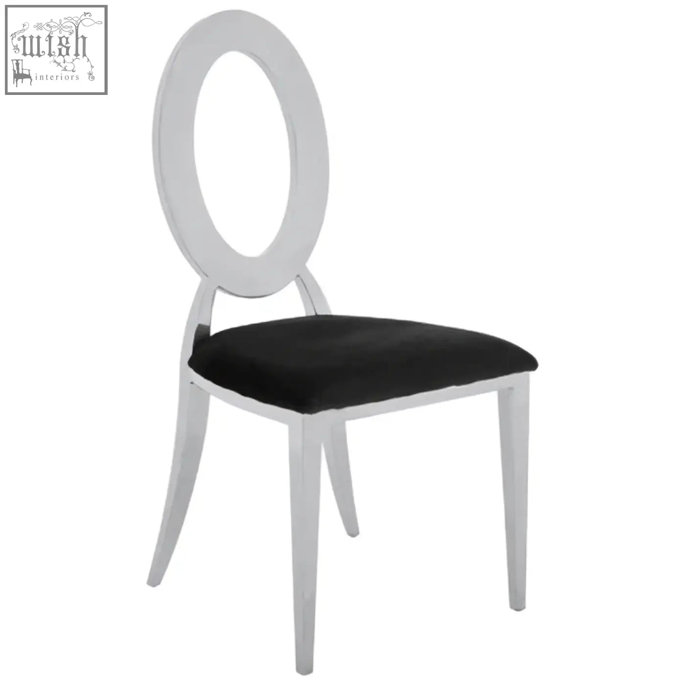 White oval-backed dining chair with black velvet seat perfect as a stylish black velvet dining chair