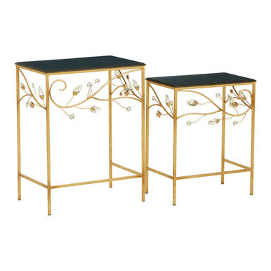 Yaxi set of 2 gold-toned metal side tables with black marble tops and delicate vine and leaf designs